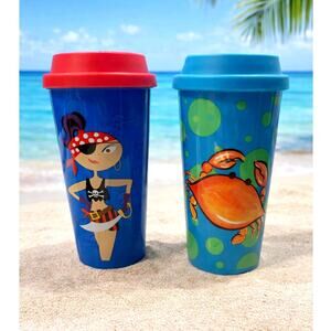 set of 2 funny travel coffee cups pirate and crab cartoon tumblers new hot cold